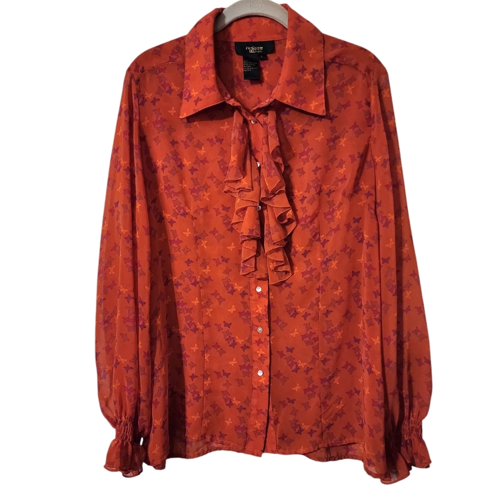 Vintage Twiggy London Sheer Ruffled Front Collar Butterfly Print Button Down Top